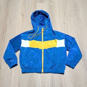 Outer Edge Adult XL Blue‎ Yellow Colorblock Hooded Windbreaker Full Zip Jacket